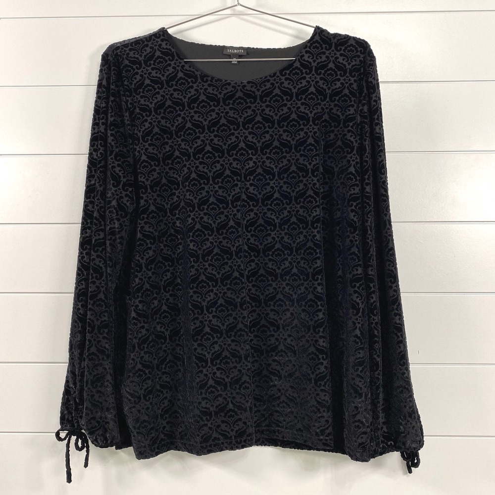 Talbots Sweater Womens XL Velvet Burnout Long Sleeve Drawstring Pullover‎ Top